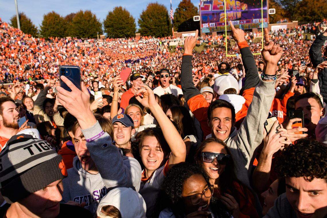 Nov 20, 2021; Clemson, South Carolina, USA; Clemson fans rush onto the field after their 48-27 victory against Wake Forest at Memorial Stadium.