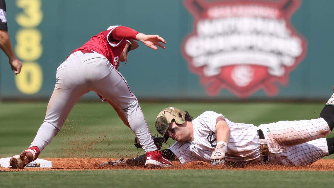 South Carolina catcher Talmadge LeCroy (5) is tagged out at second base by Oklahoma infielder Kyle Branch (6) during the Gamecocks’ game against Oklahoma at Founders Park in Columbia on Sunday, March 16, 2025.