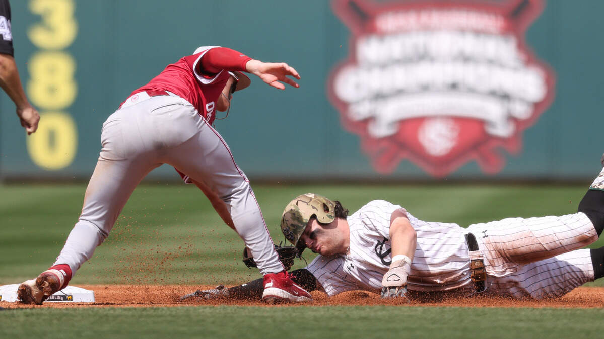 South Carolina catcher Talmadge LeCroy (5) is tagged out at second base by Oklahoma infielder Kyle Branch (6) during the Gamecocks’ game against Oklahoma at Founders Park in Columbia on Sunday, March 16, 2025.