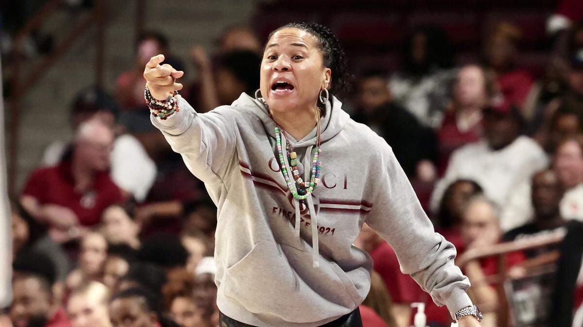 South Carolina head coach Dawn Staley coaches the Gamecocks against Queens on Sunday at Colonial Life Arena.