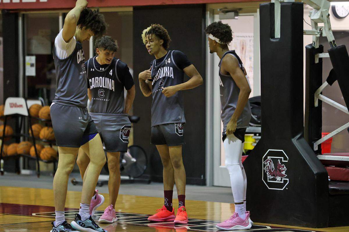 South Carolina newcomers, from left, Jordan Butler, Weston Coggeshall, Lance Piper and Cam Scott during a summer basketball practice on Tuesday, July 30, 2024 inside Carolina Coliseum.