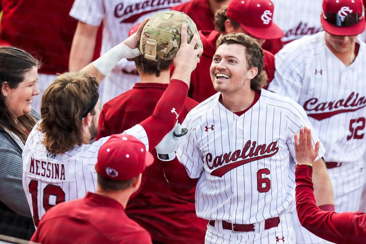 South Carolina’s Will McGillis celebrates a home run during the Opening Day game Friday against UMass Lowell at Founders Park.