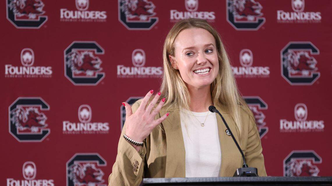 Ashley Chastain, South Carolina’s new softball head coach, speaks during a press conference at the Cockaboose Club in Columbia on Wednesday, June 12, 2024.