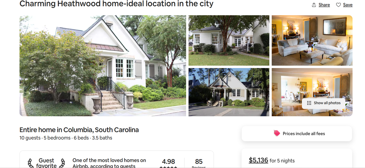 This screenshot shows an Airbnb rental in the Columbia area.