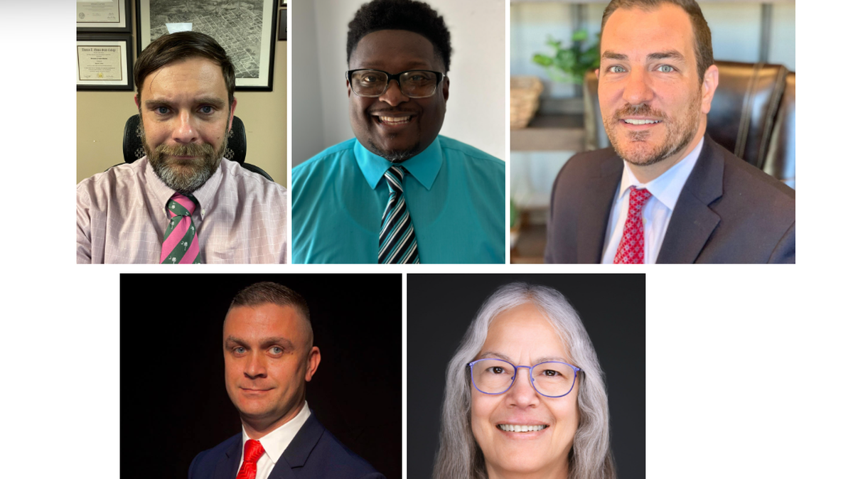 Candidates for Irmo Town Council in the 2025 election. Top row, left to right: Benjamin Battiste, George Frazier, Gabriel Penfield. Bottom, left to right: Adam Raynor, Barb Waldman. Not pictured is candidate Brandon Mundy