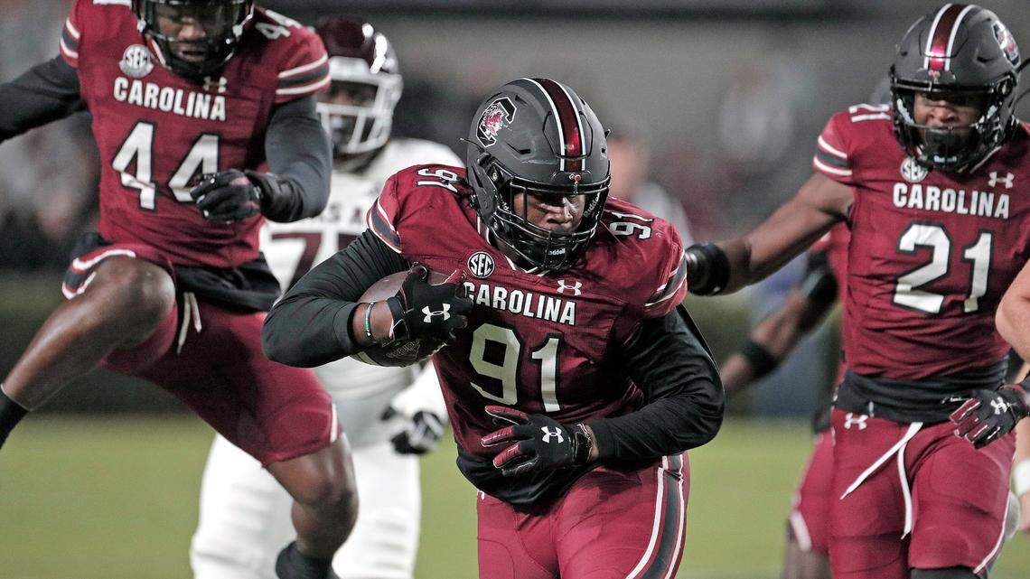 South Carolina’s Tonka Hemingway returns a fumble in the game against Texas A&M at Williams-Brice Stadium on Saturday, Oct. 22, 2022.