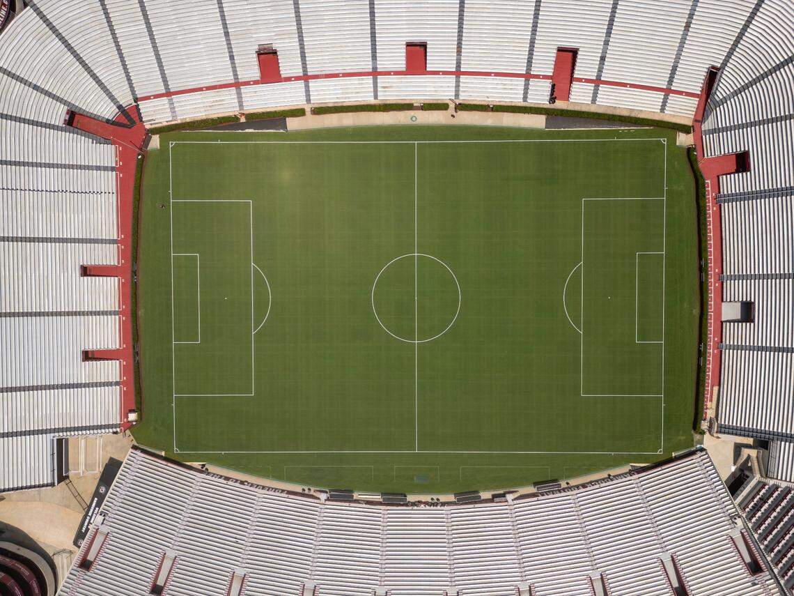 Williams-Brice Stadium is painted Tuesday for the Rivals in Red tour matchup Saturday between Premier League teams Liverpool and Manchester United. The two United Kingdom soccer teams are some of the most popular in America.