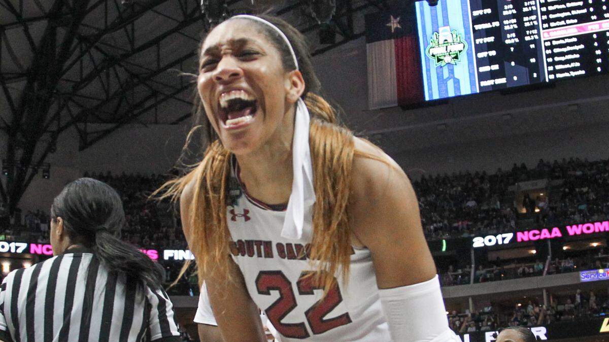 South Carolina’s A’ja Wilson (22) celebrates during the second half of action in the NCAA Women’s National Championship Semifinal game at the American Airlines Arena in Dallas, TX. USC beat Stanford 62-53 and will play for the Championship. 3/31/17