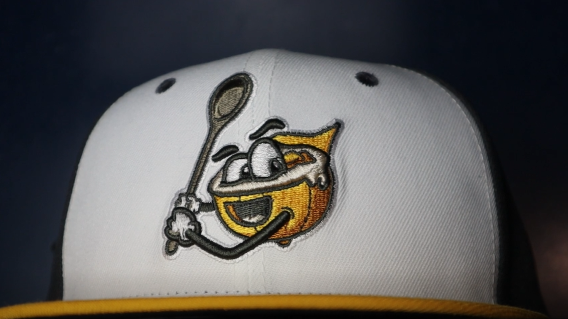 A hat featuring the logo of the Carolina Grits, the new “alternate identity” of the Columbia Fireflies. The team will play several games as the Grits during the 2024 season.