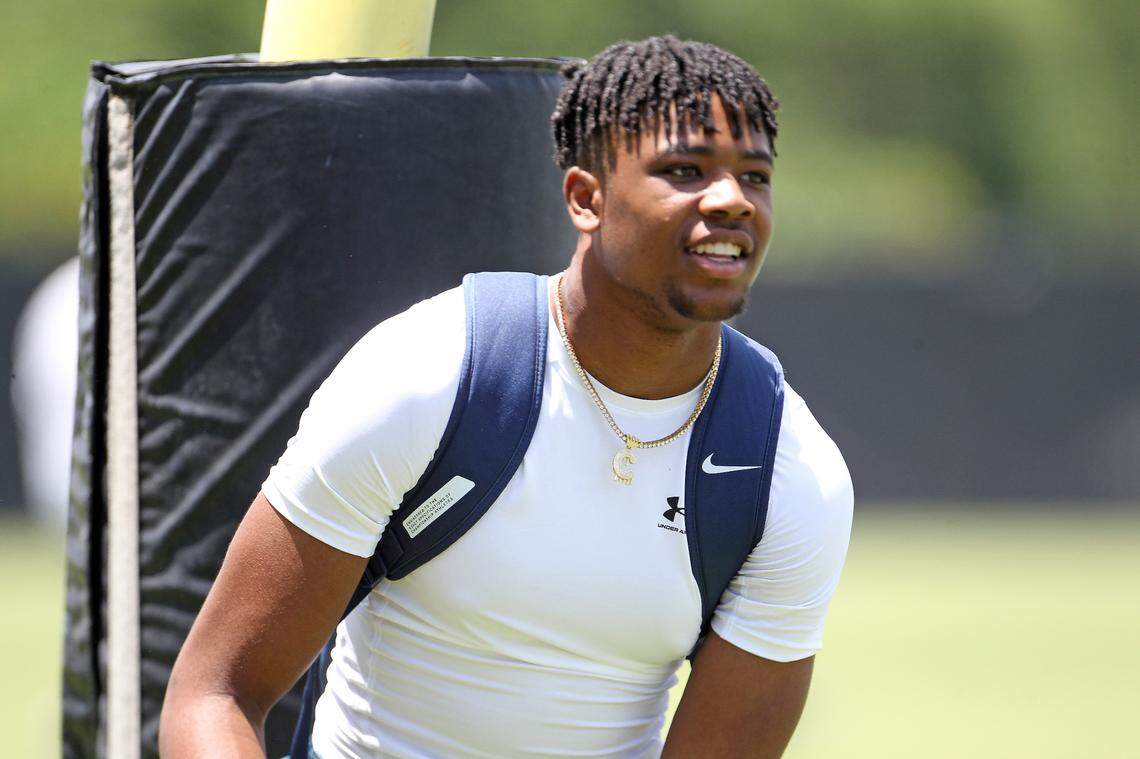 Class of 2023 defensive line prospect Chandavian Bradley looks on during the Shane Beamer Football Camp held Thursday, June 9, 2022.