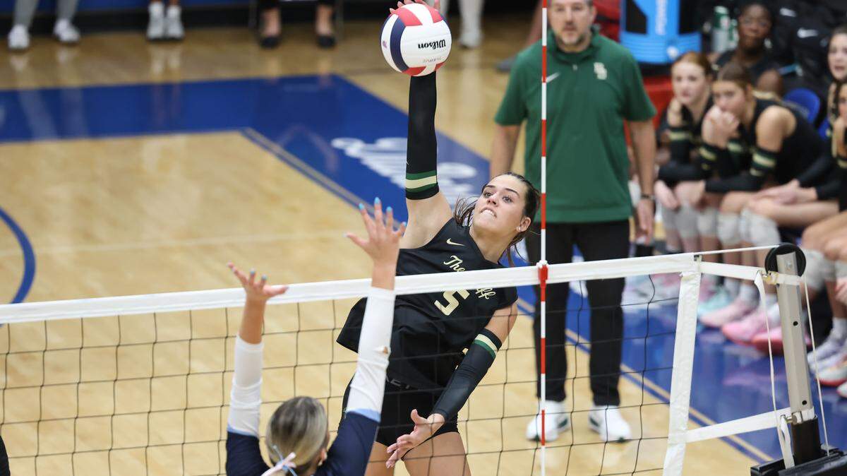 Caroline Tucker (5) of River Bluff goes up for a kill during the Class 5A Division I Volleyball Championship between River Bluff and Dorman at Dreher High School on Saturday, Nov. 8, 2025.