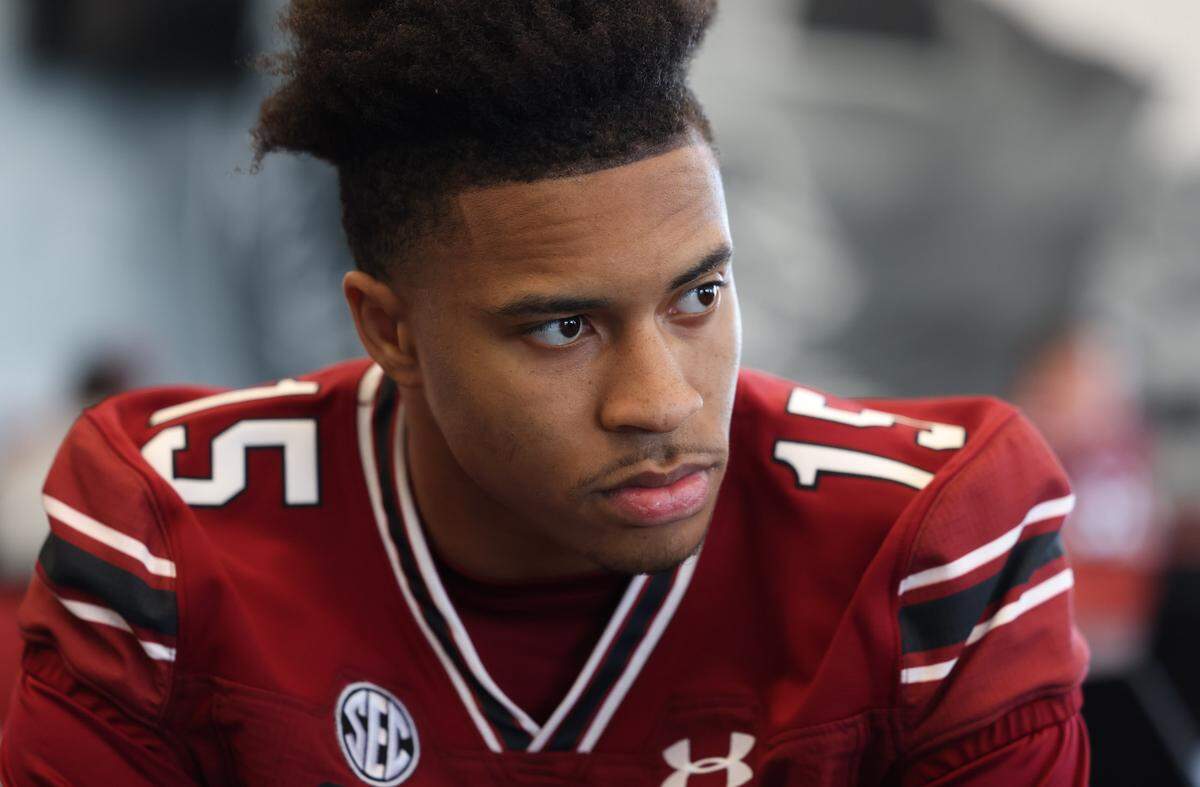South Carolina transfer cornerback Brandon Cisse is interviewed at the Long Family Football Operations Center in Columbia on Wednesday, March 5, 2025.