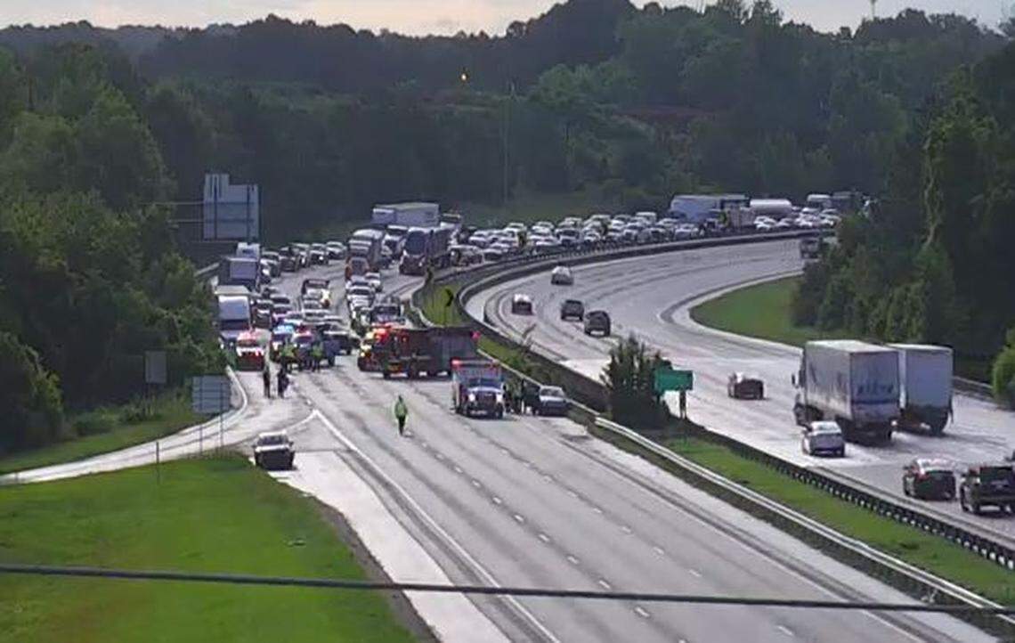 All southbound lanes on an interstate are blocked in Columbia, according to the South Carolina Department of Transportation.