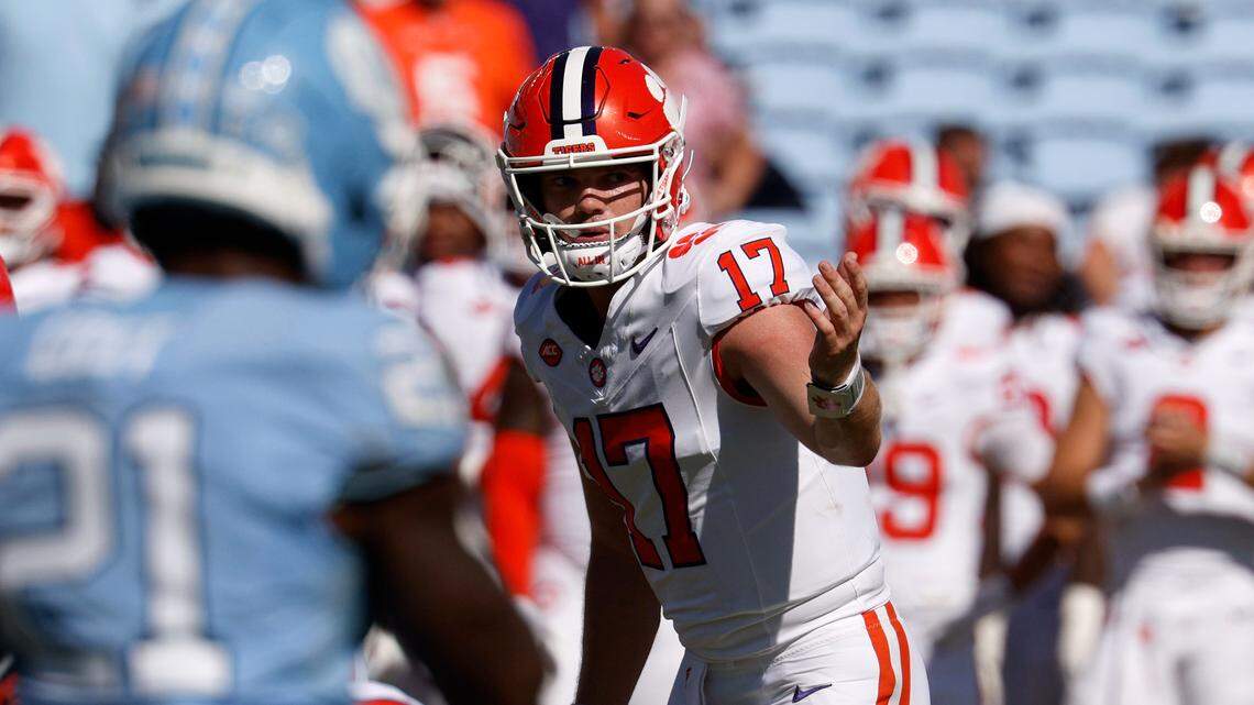 Clemson QB Christopher Vizzina calls a play at the line during the second half against the North Carolina Tar Heels on Saturday.