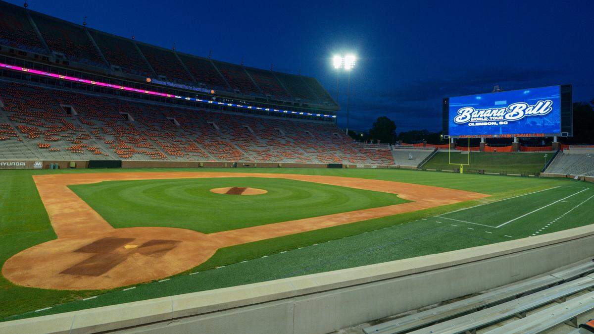 The final product of Clemson athletics’ overhaul to turn its football field at Memorial Stadium into a playable baseball field for the Savannah Bananas on April 11, 2025. The Bananas play a game there on April 26