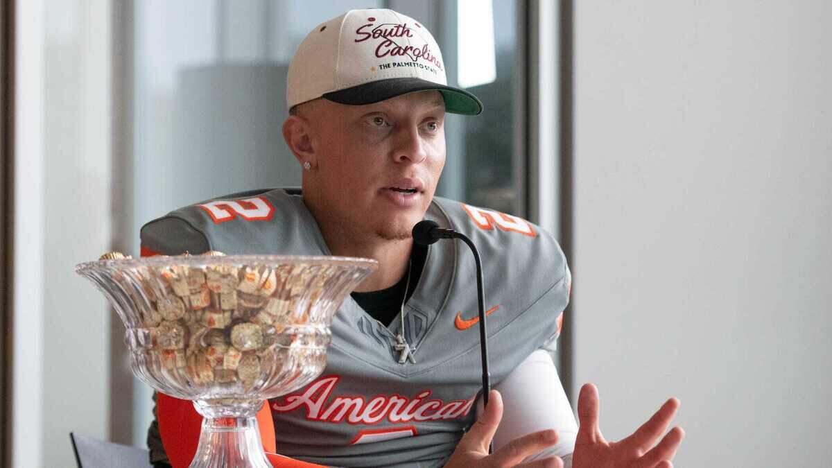 Former Oklahoma/South Carolina QB and game Most Valuable Player Spencer Rattler (2) answers questions during the Reese’s Senior Bowl post game press conference in Mobile, Alabama on Saturday, Feb. 3, 2024.