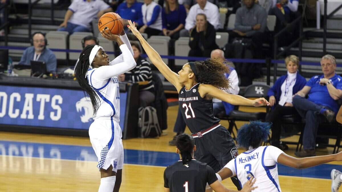 Kentucky’s Rhyne Howard shot Thursday night against South Carolina’s Mikiah Herbert Harrigan at Memorial Coliseum. Photo by Matt Goins