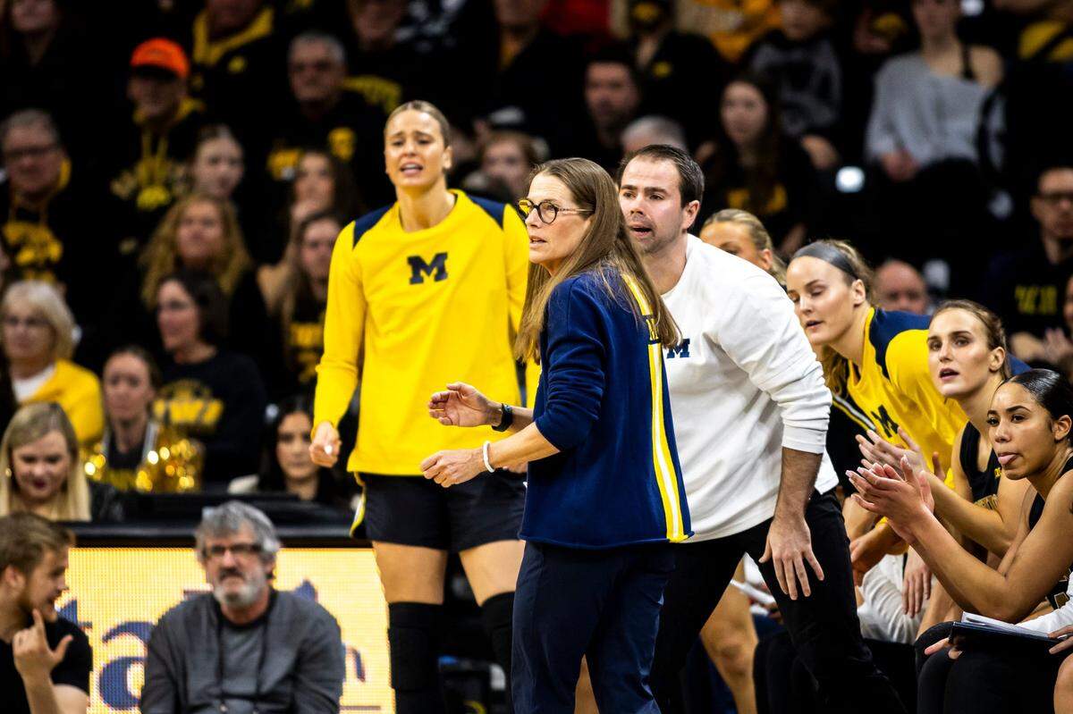 Michigan head coach Kim Barnes Arico reacts during a NCAA Big Ten Conference women’s basketball game against Iowa, Thursday, Feb. 15, 2024, at Carver-Hawkeye Arena in Iowa City, Iowa.