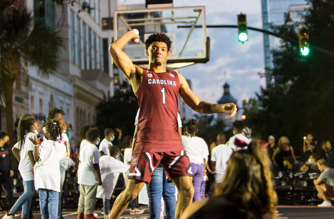 South Carolina Gamecocks men’s basketball guard Jacobi Wright (1) throws a T-shirt into the crowd Oct. 15 during the Gamecock Basketball Madness on Main Street in downtown Columbia, SC.