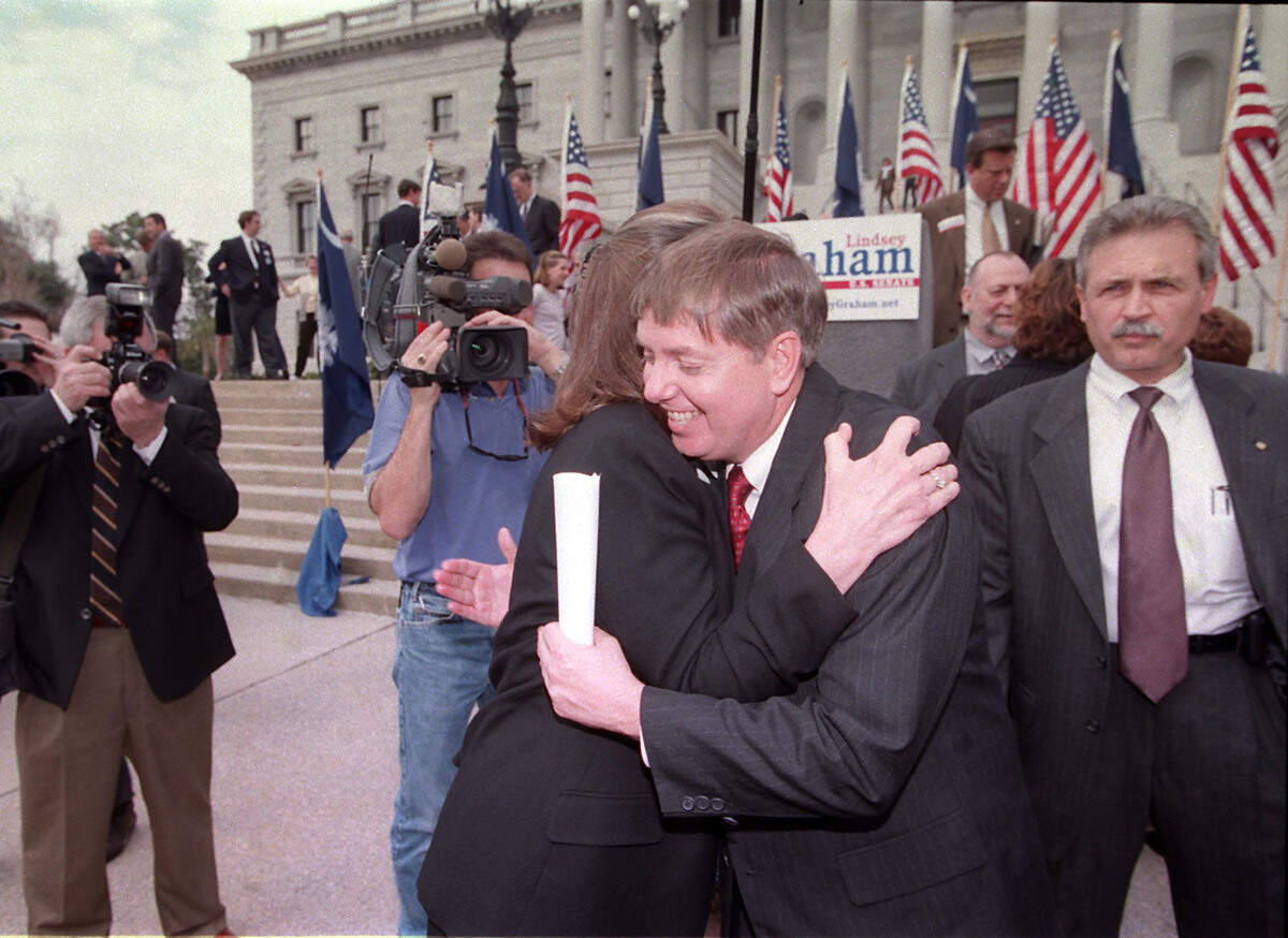 From Feb. 2001: U.S. Representative Lindsey Graham announces his candidacy as a Republican for the US Senate in the 2002 election on the steps of the State House in Columbia. Sen. Strom Thurmond had announced he will not seek re-election.