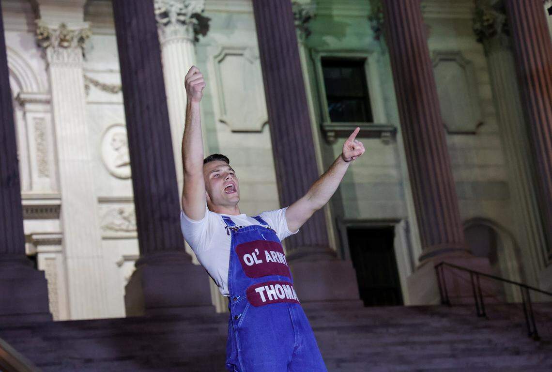 Texas A&M fans gather for the Aggie Yell practice in front of the South Carolina state house on Friday, Oct. 20, 2022. The Gamecocks face the Aggies Saturday at Williams-Brice Stadium.