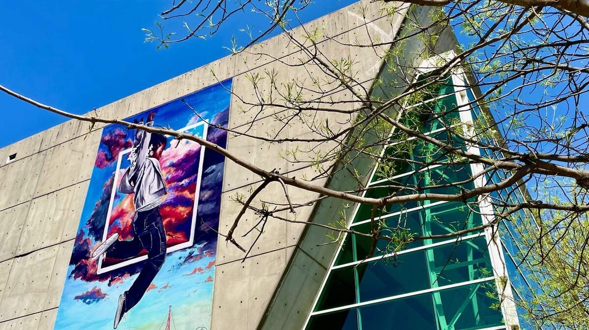 Ija Charles’ ”Leap” banner on the outside of the Richland Library main brain on Assembly Street in downtown Columbia.