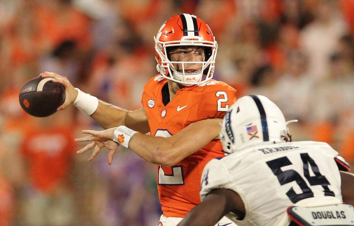 Clemson quarterback Cade Klubnik (2) passes against Florida Atlantic during first-half action in Clemson, S.C. on Saturday, Sept. 16, 2023. (Travis Bell/SIDELINE CAROLINA)