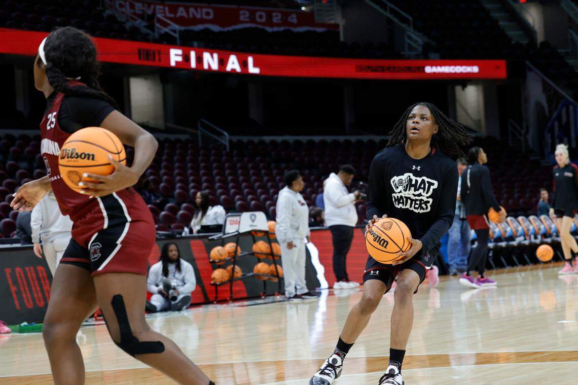 South Carolina’s MaLaysia Fulwiley (12) runs drills during practice in the Rocket Mortgage Field House in Cleveland, Ohio on Thursday, April 4, 2024. USC will play NC State in the Final Four matchup of the NCAA Tournament.