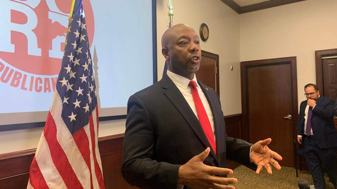U.S. Sen. Tim Scott, R-S.C. speaks to reporters ahead of the Charleston County Republican Party’s annual Black History Month Celebration on Thursday, Feb. 16, 2023, as part of a listening tour with a stop Feb. 22 in Iowa.