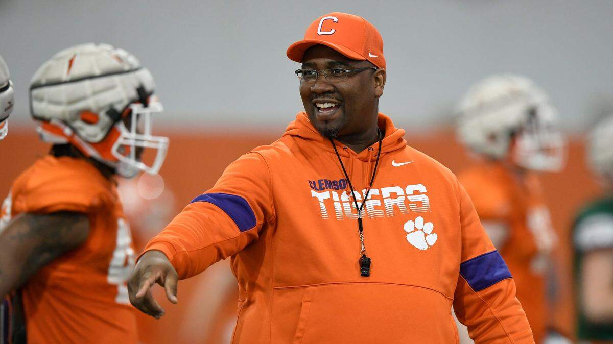 Todd Bates is seen here in March 2020 working as Clemson’s defensive line coach