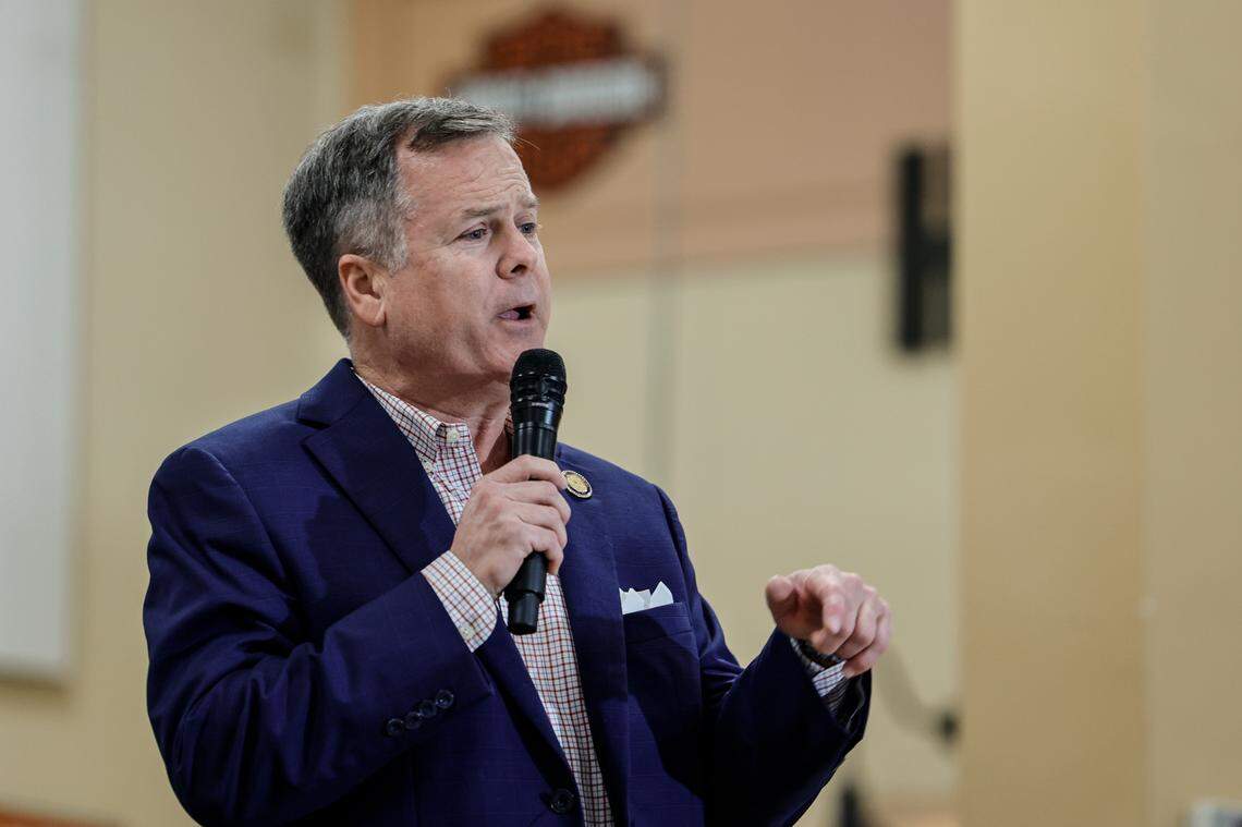S.C. Rep. Nathan Ballentine, R-Richland,  speaks with supporters at a Nikki Haley campaign rally at Thunder Tower Harley Davidson in Elgin on Monday, Feb. 12, 2024