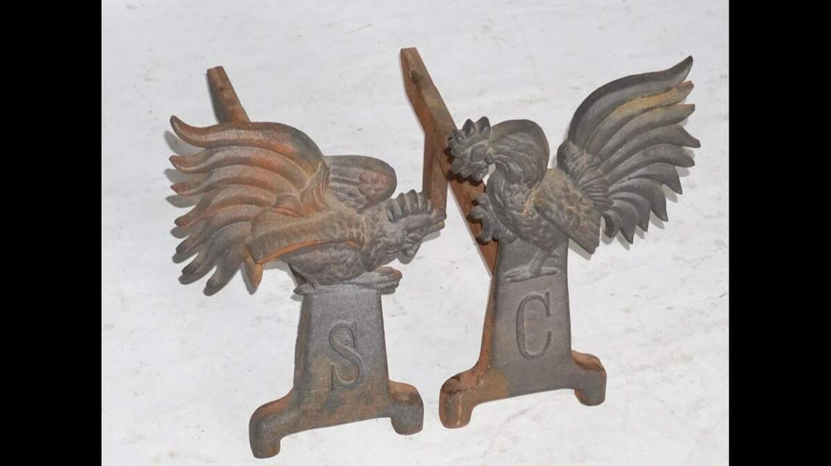 The two fireplace andirons, featuring cast iron fighting gamecocks, were “recently discovered in a historic Kershaw, South Carolina home,” according to auctioneers.