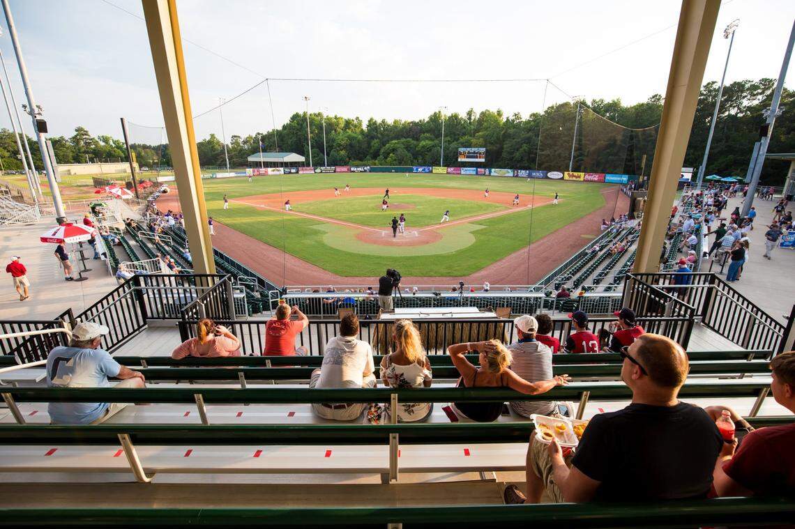 Fans watch the Lexington County Blowfish against the Lake Murray Purple Martins. The Blowfish played with fans in the stands for the first time this season.