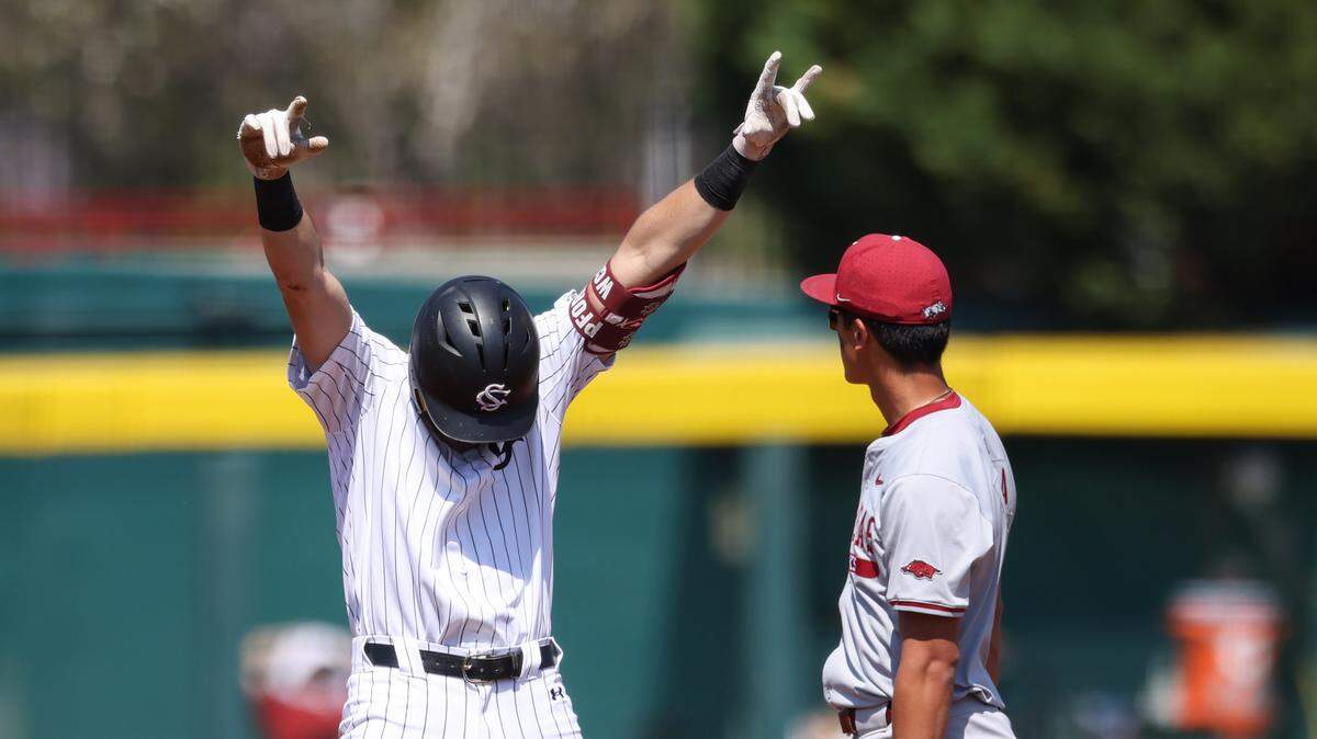 South Carolina infielder Will Craddock (9) reacts after hitting a double during the Gamecocks’ game against Arkansas at Founders Park in Columbia on Sunday, March 22, 2026.


