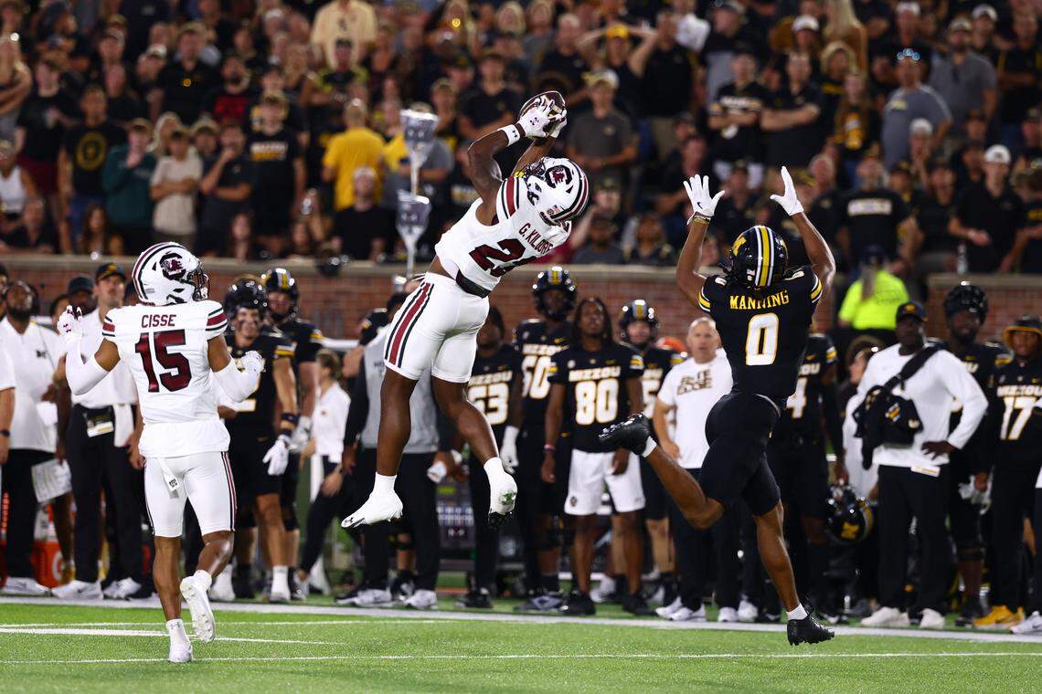 South Carolina defensive back Gerald Gilmore (23) makes an interception during the Gamecocks’ game against Missouri at Memorial Stadium in Columbia, MO on Saturday, September 20, 2025.