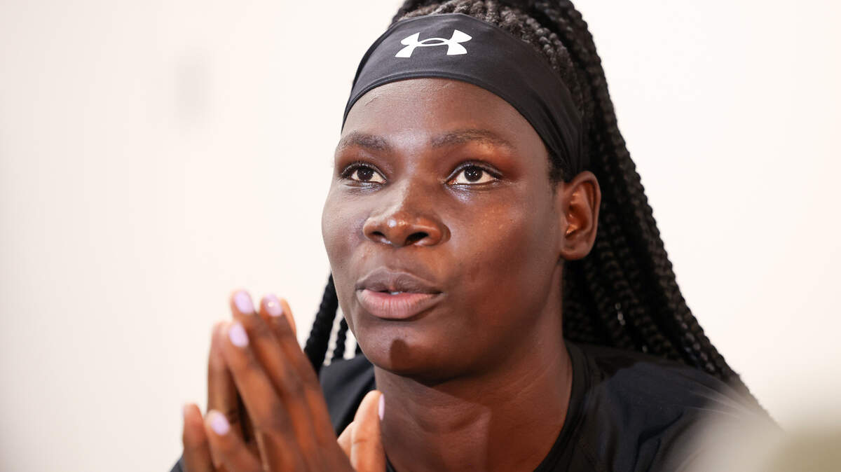 University of South Carolina women’s basketball transfer Madina Okot is interviewed by members of the media on Tuesday, July 1, 2025. Okot transferred from Mississippi State.