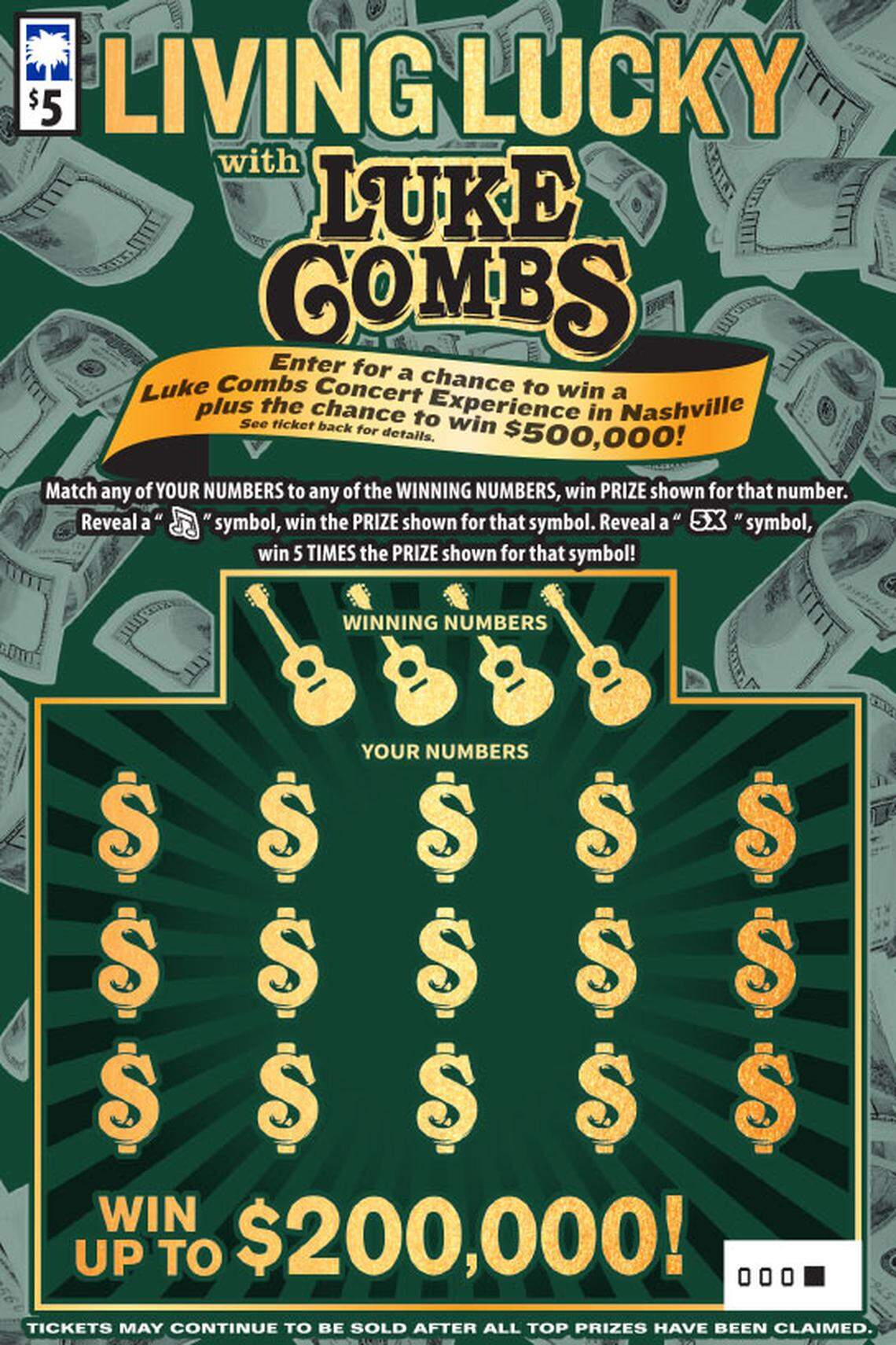 Living Lucky With Luke Combs South Carolina Education Lottery game.