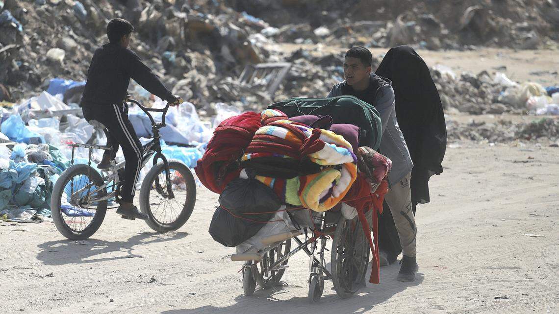 Palestinian families leave the eastern sector of the Gaza Strip on the border with Israel following Israeli airstrikes that targeted northern and other parts of Gaza in the early hours of March 18, 2025. The Israeli army urged Gazans on March 18 to evacuate areas near the border, after it unleashed a wave of deadly overnight strikes, the most intense since a ceasefire began in January. Photo by Habboud Ramez/Abaca/Sipa USA