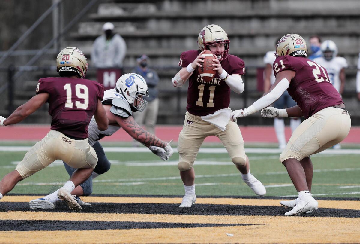 Erskine College’s Craig Pender 11 plays Shorter University on Saturday, March 13, 2021.