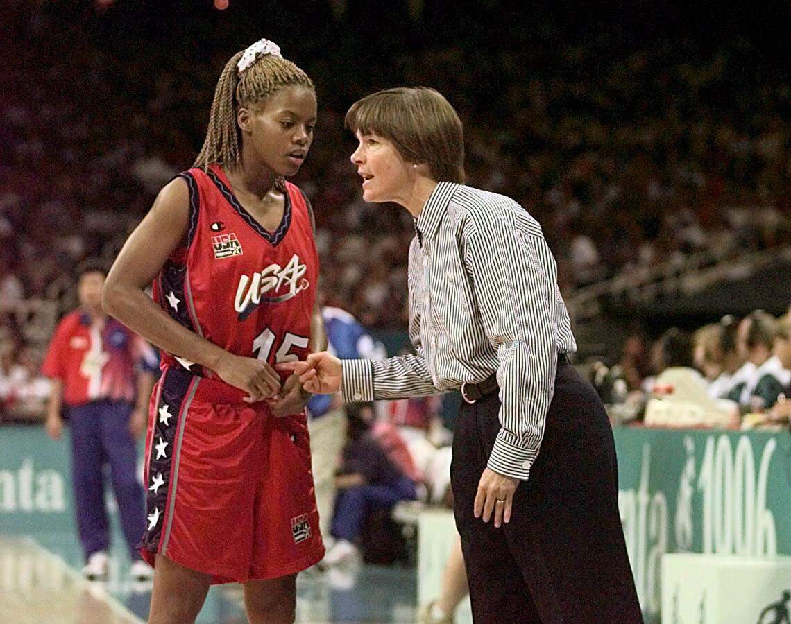 July 29, 1996; Atlanta, GA, USA; USA coach Tara VanDerveer talks with Nikki McCray Monday during Olympic play against Korea at the Georgia Dome in Atlanta. Mandatory Credit: Tim Dillon-USA TODAY NETWORK