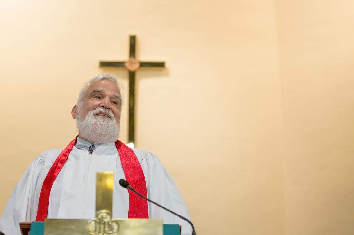 Pastor Joe Cal Watson preachers during a service at Whaley Street United Methodist Church in Columbia, SC.