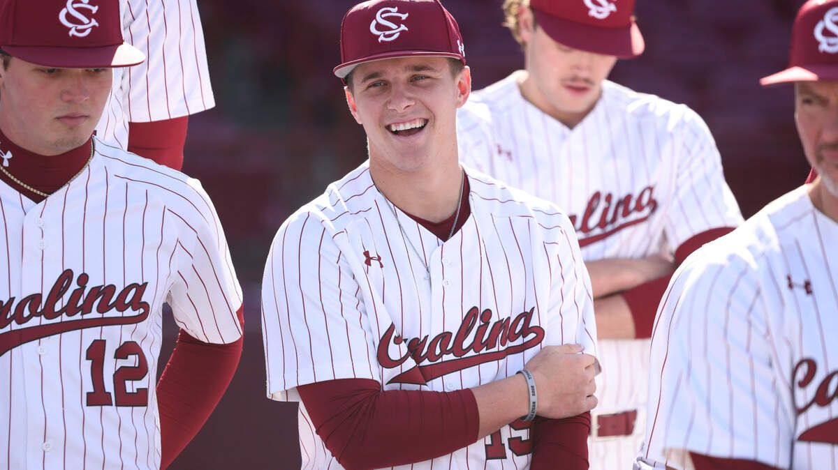 South Carolina infielder KJ Scobey (19) is seen during Media Day at Founders Park in Columbia on Friday, January 24, 2025. 