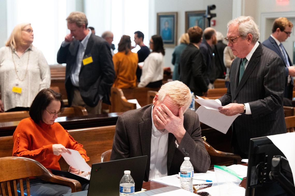 Alex Murdaugh places his hand over his face during a break in his trial for murder at the Colleton County Courthouse on Friday, January 27, 2023. Joshua Boucher/The State/Pool