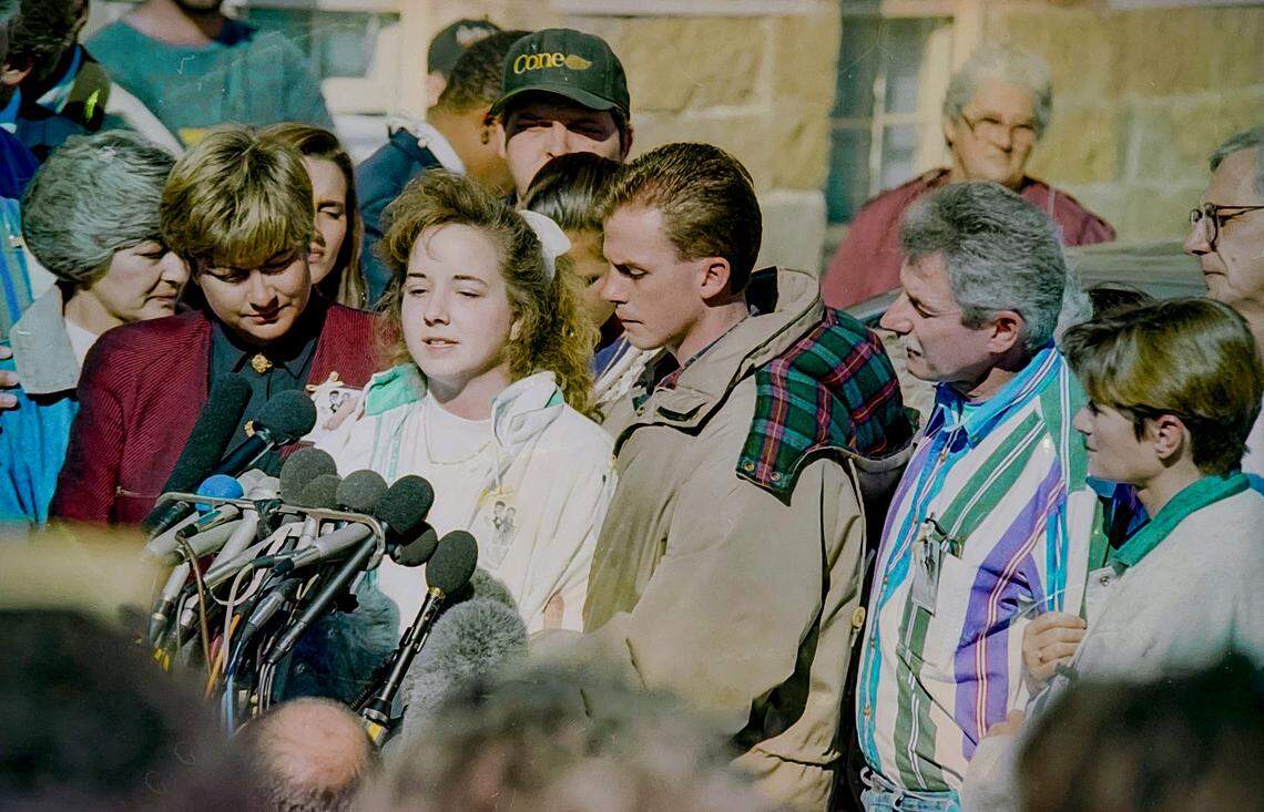 Susan and David Smith make a plea to the nation, during a press conference on Nov. 2, 1994 outside the Union County Courthouse. The news of the horrific abduction of Michael and Alex Smith drew media from around the world to Union.