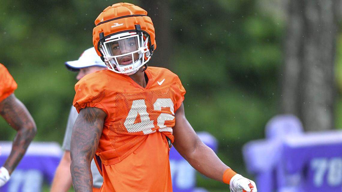 Clemson defensive lineman David Ojiegbe (42) during preseason practice in Jervey Meadows in Clemson, S.C. Thursday, August 10, 2023.