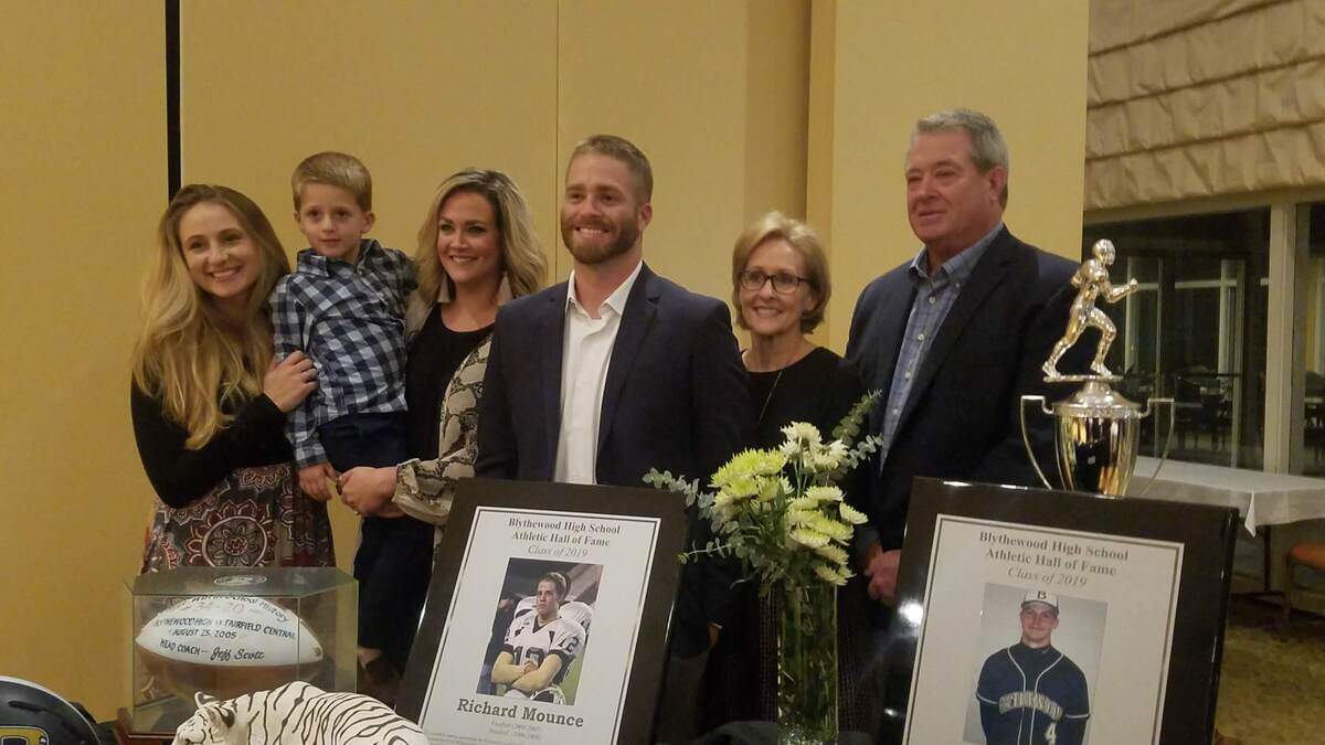 Former Blythewood two-sport standout Richard Mounce poses with his wife Katie, three children and his parents after being inducted into the Blythewood Athletics Hall of Fame in November.