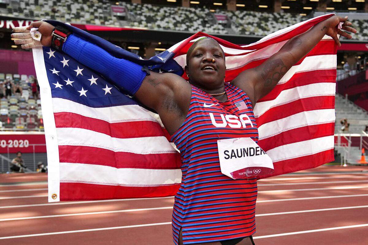 Raven Saunders, of United States, celebrates after her second place finish in the final of the women’s shot put at the 2020 Summer Olympics, Sunday, Aug. 1, 2021, in Tokyo.