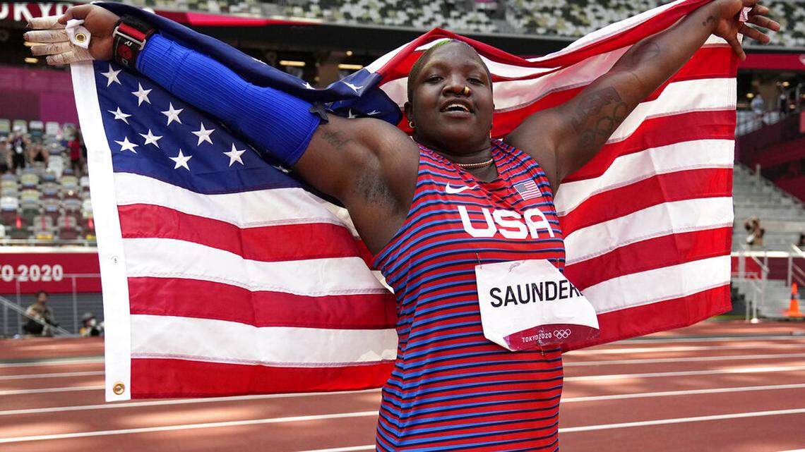 Raven Saunders, of United States, celebrates after her second place finish in the final of the women’s shot put at the 2020 Summer Olympics, Sunday, Aug. 1, 2021, in Tokyo.