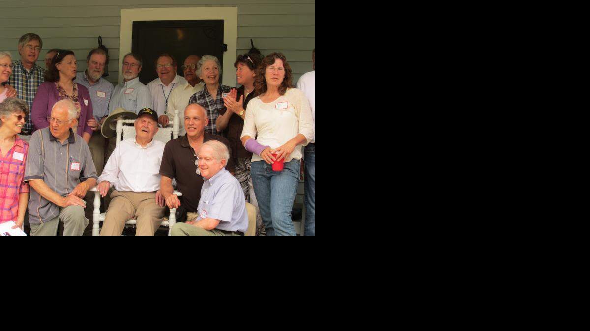 
Many of Wade Batson’s former students gathered for his 100th birthday party two years ago. Batson is in the rocking chair in the center.
