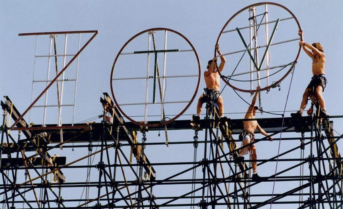 Workers put together the last pieces for U2 concert at Williams-Brice Stadium in 1992.